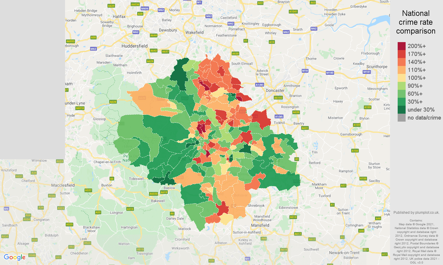Sheffield violent crime rate comparison map