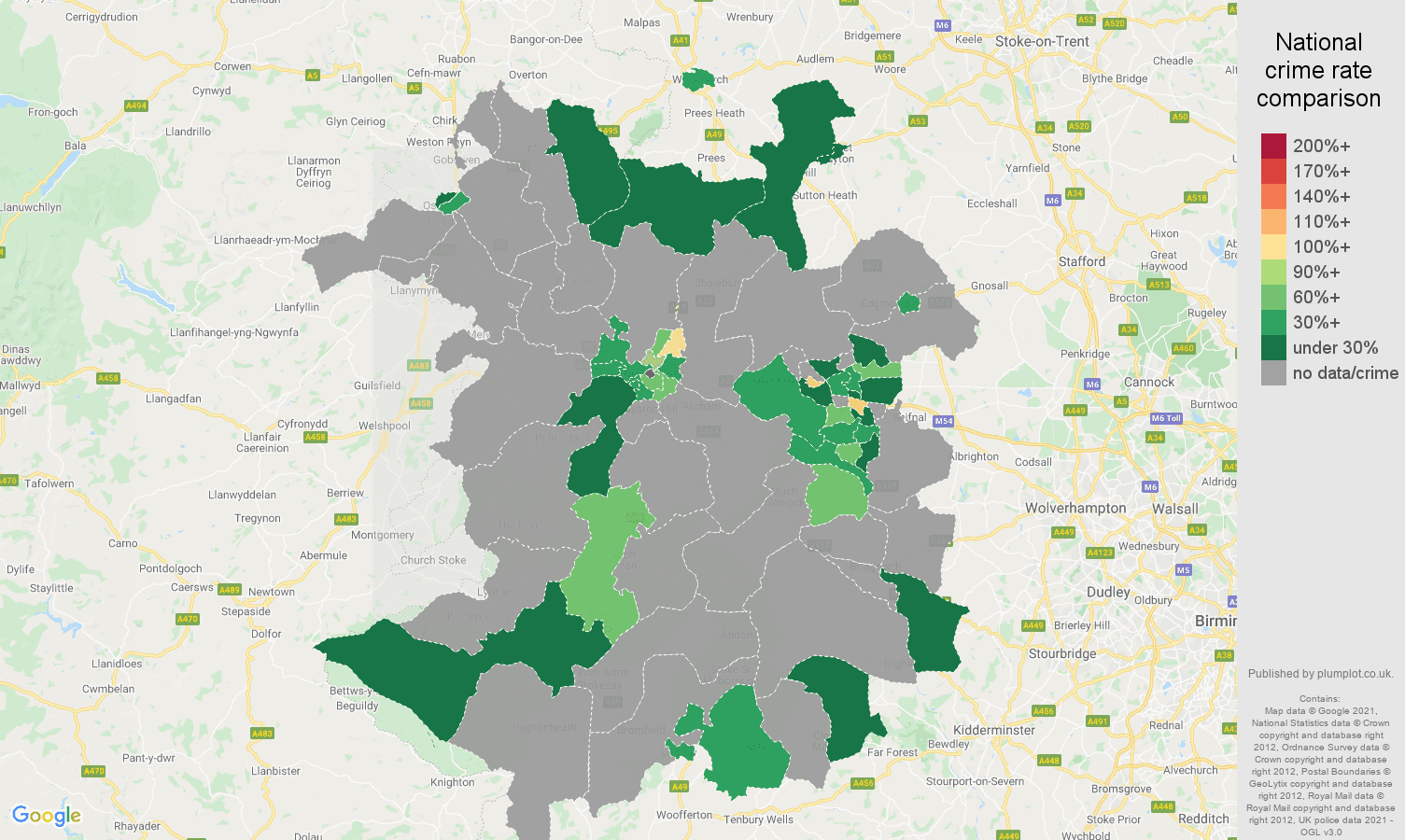 Shropshire bicycle theft crime rate comparison map