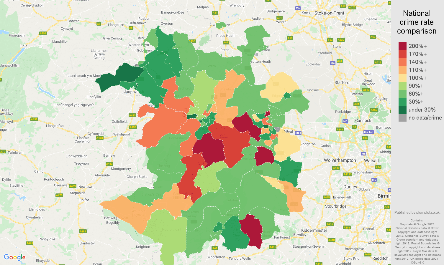 Shropshire burglary crime rate comparison map