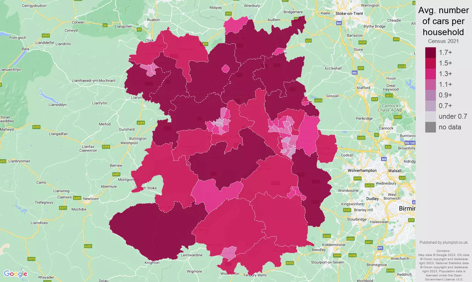 Shropshire cars per household map