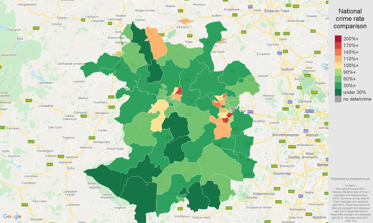 Shropshire criminal damage and arson crime rate comparison map