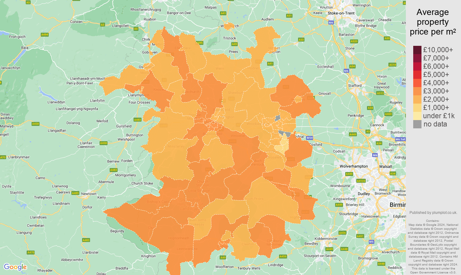 Shropshire house prices per square metre map