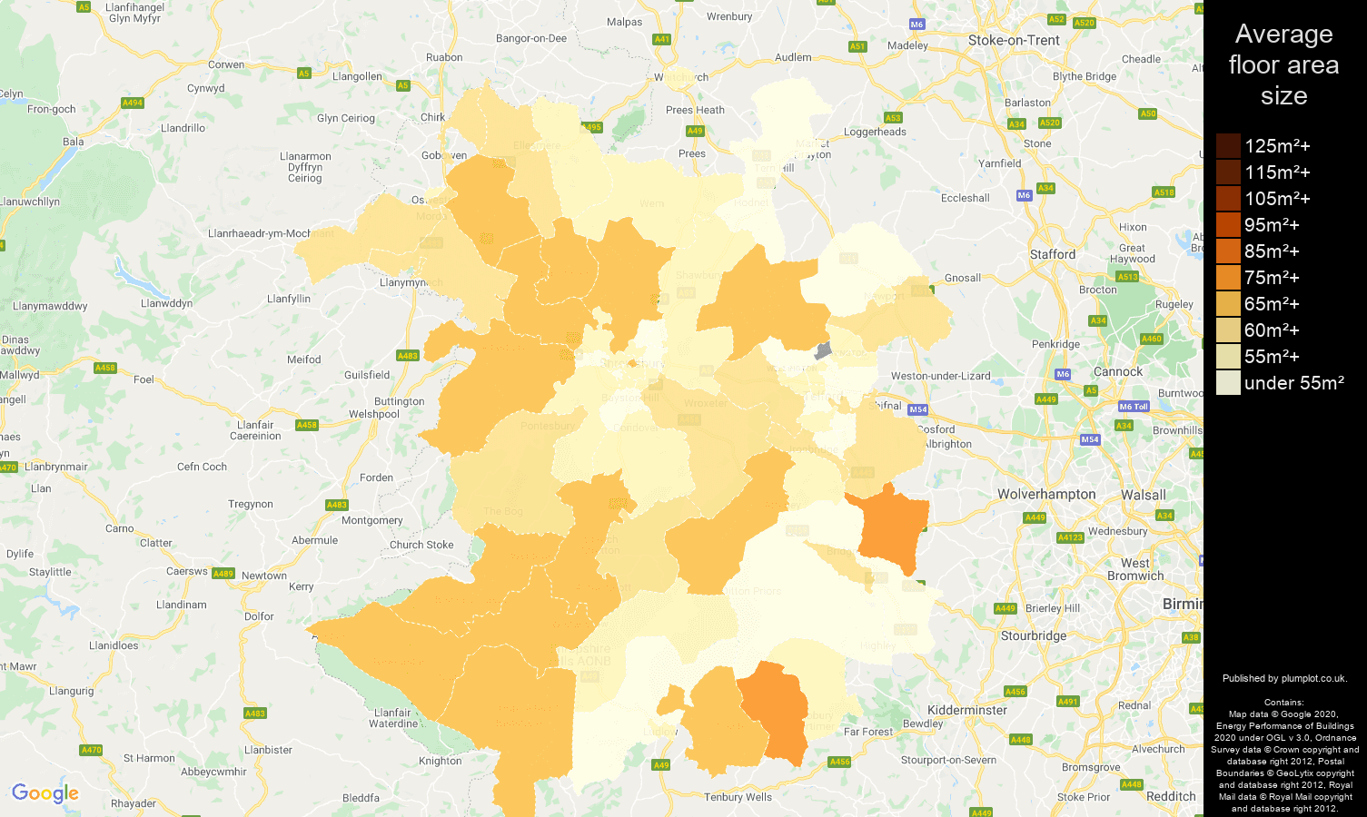 Shropshire map of average floor area size of flats