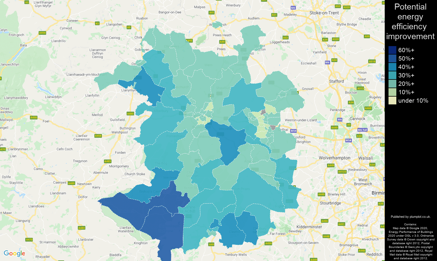 Shropshire map of potential energy efficiency improvement of houses