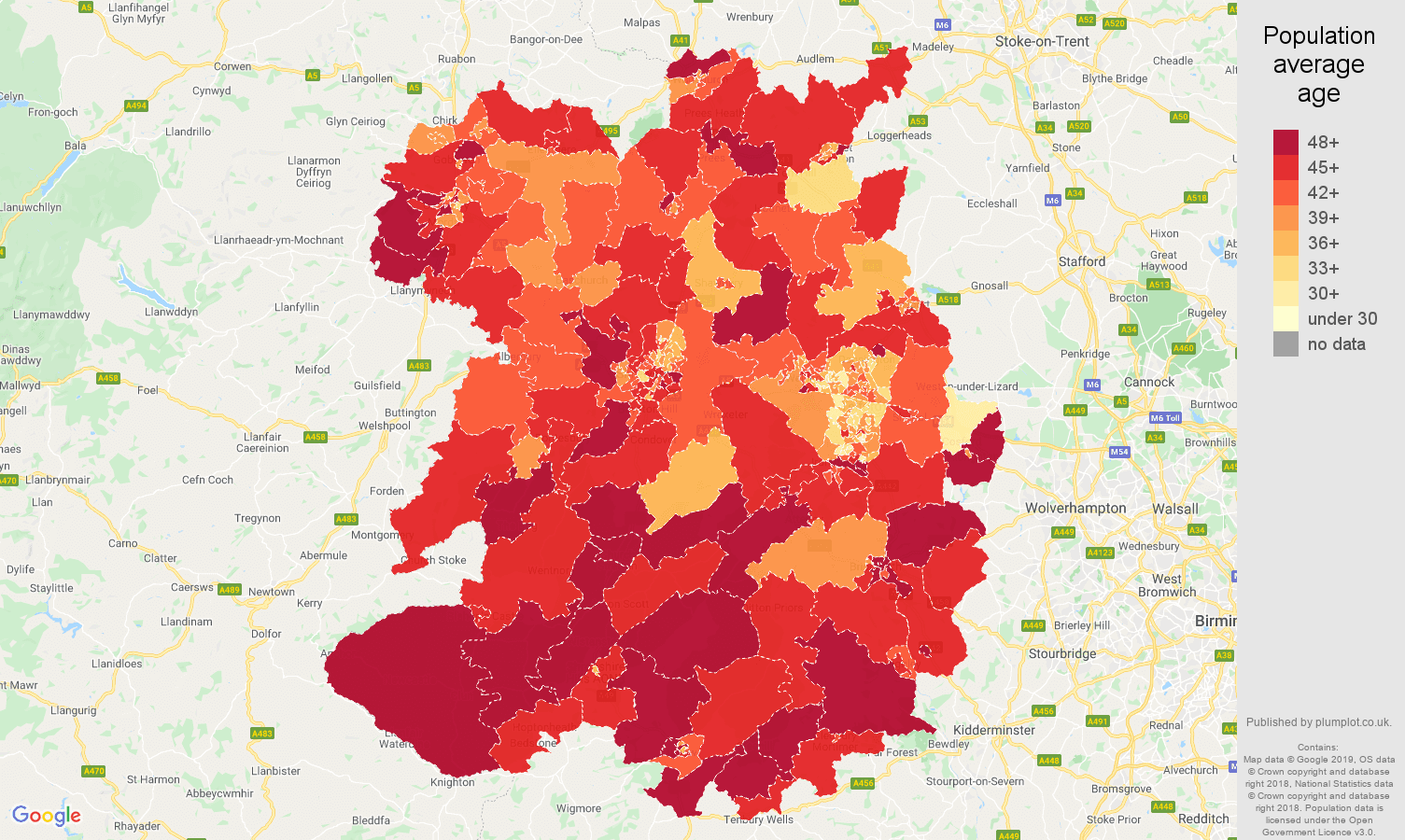 Shropshire population average age map