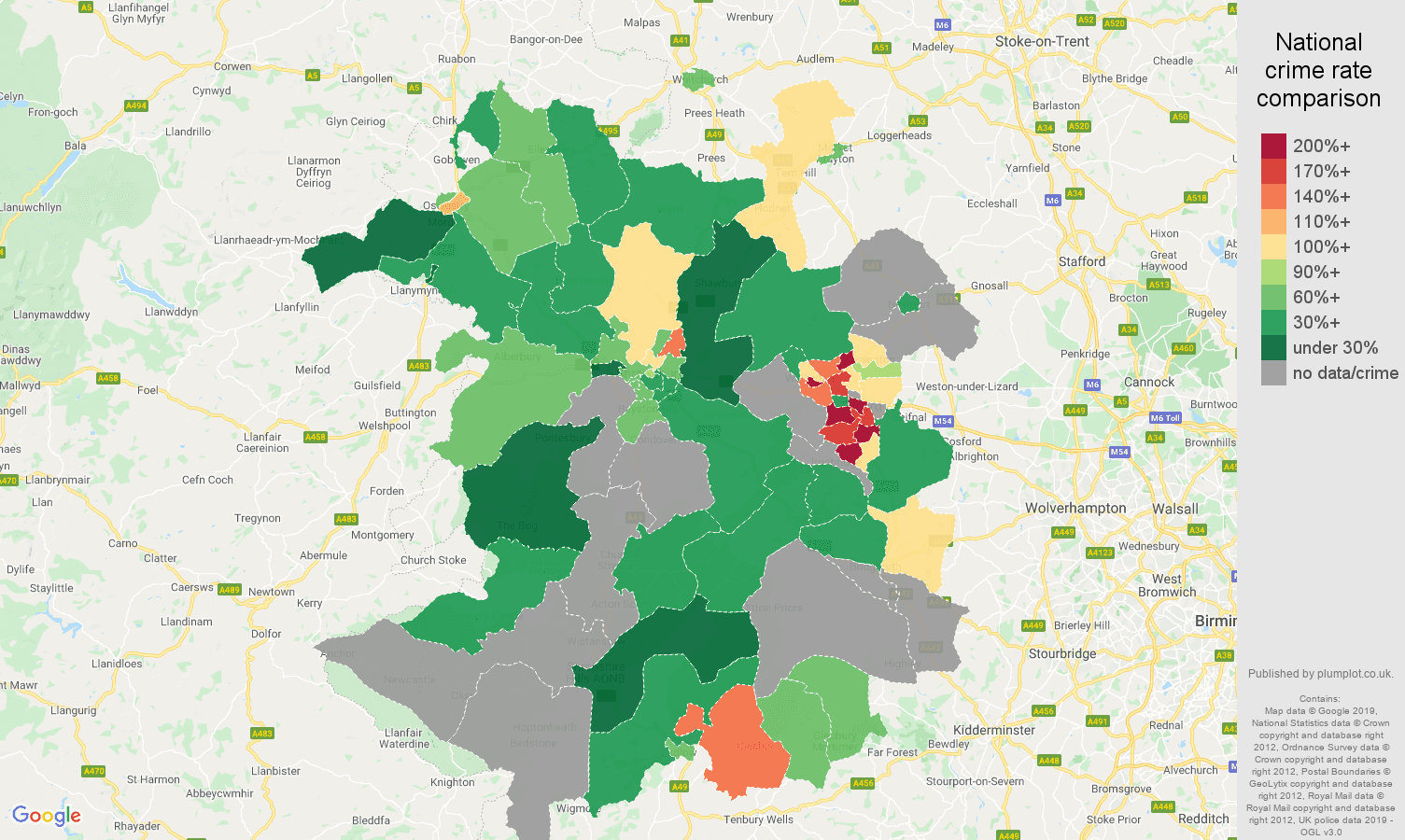 Shropshire possession of weapons crime rate comparison map