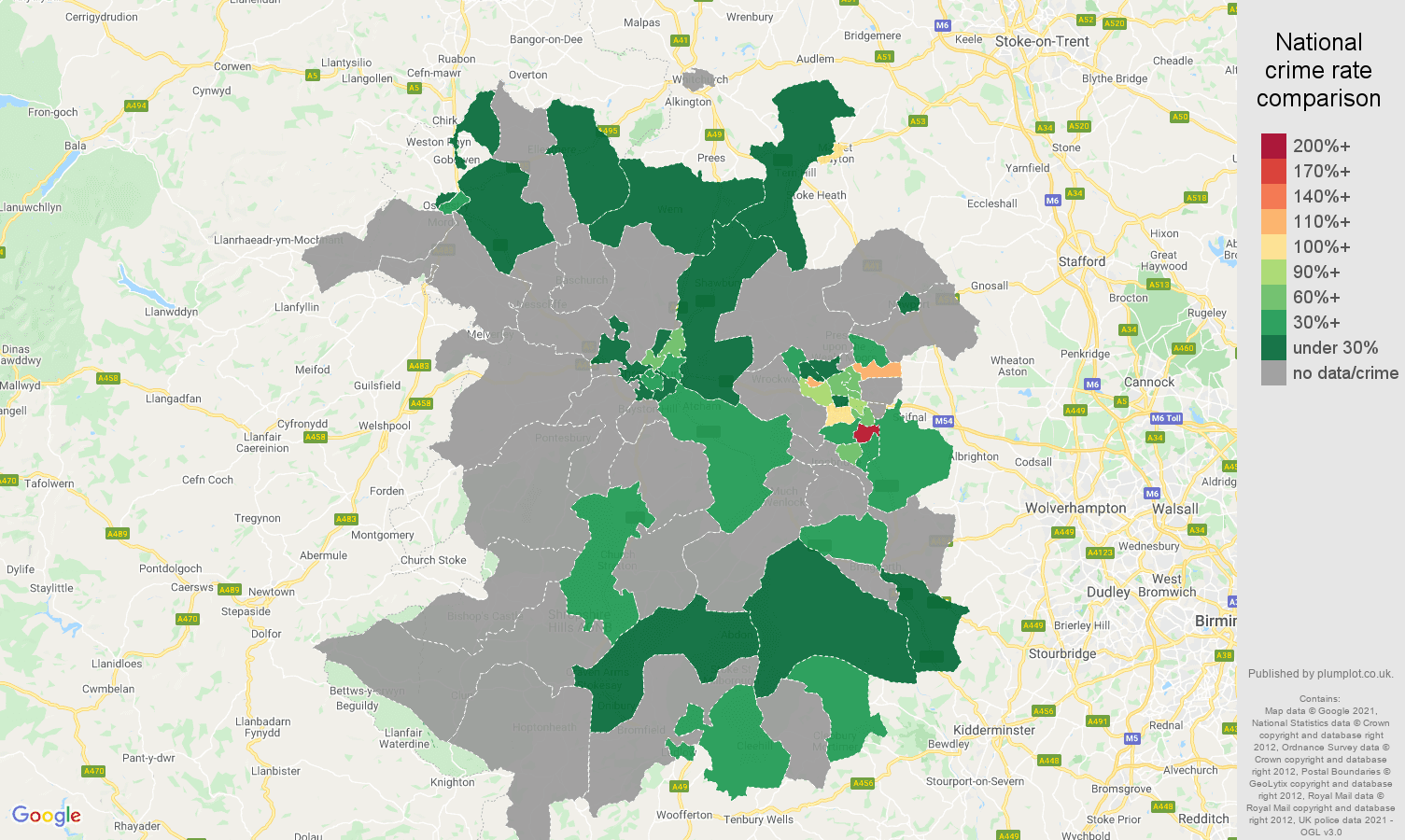 Shropshire robbery crime rate comparison map