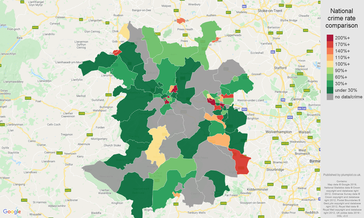 Shropshire shoplifting crime rate comparison map