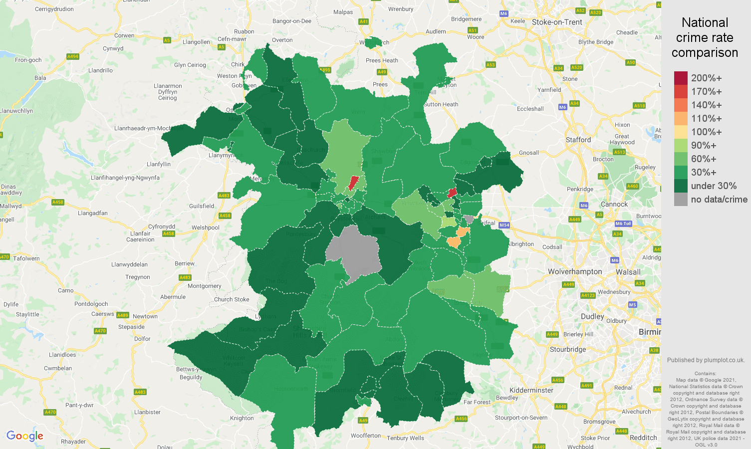 Shropshire vehicle crime rate comparison map