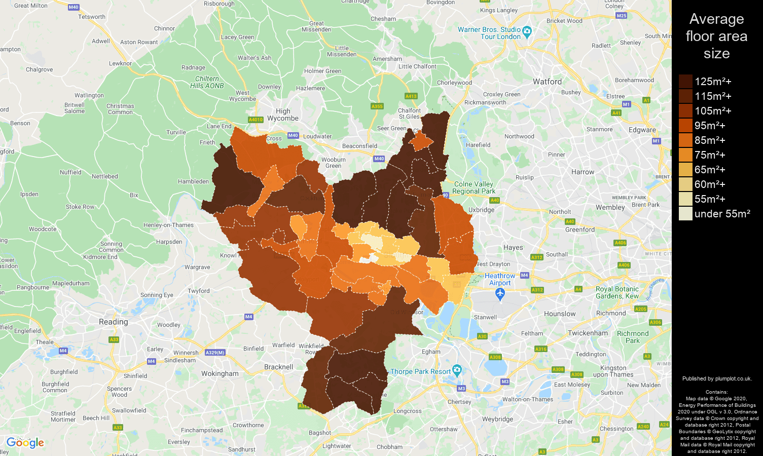 Slough map of average floor area size of properties