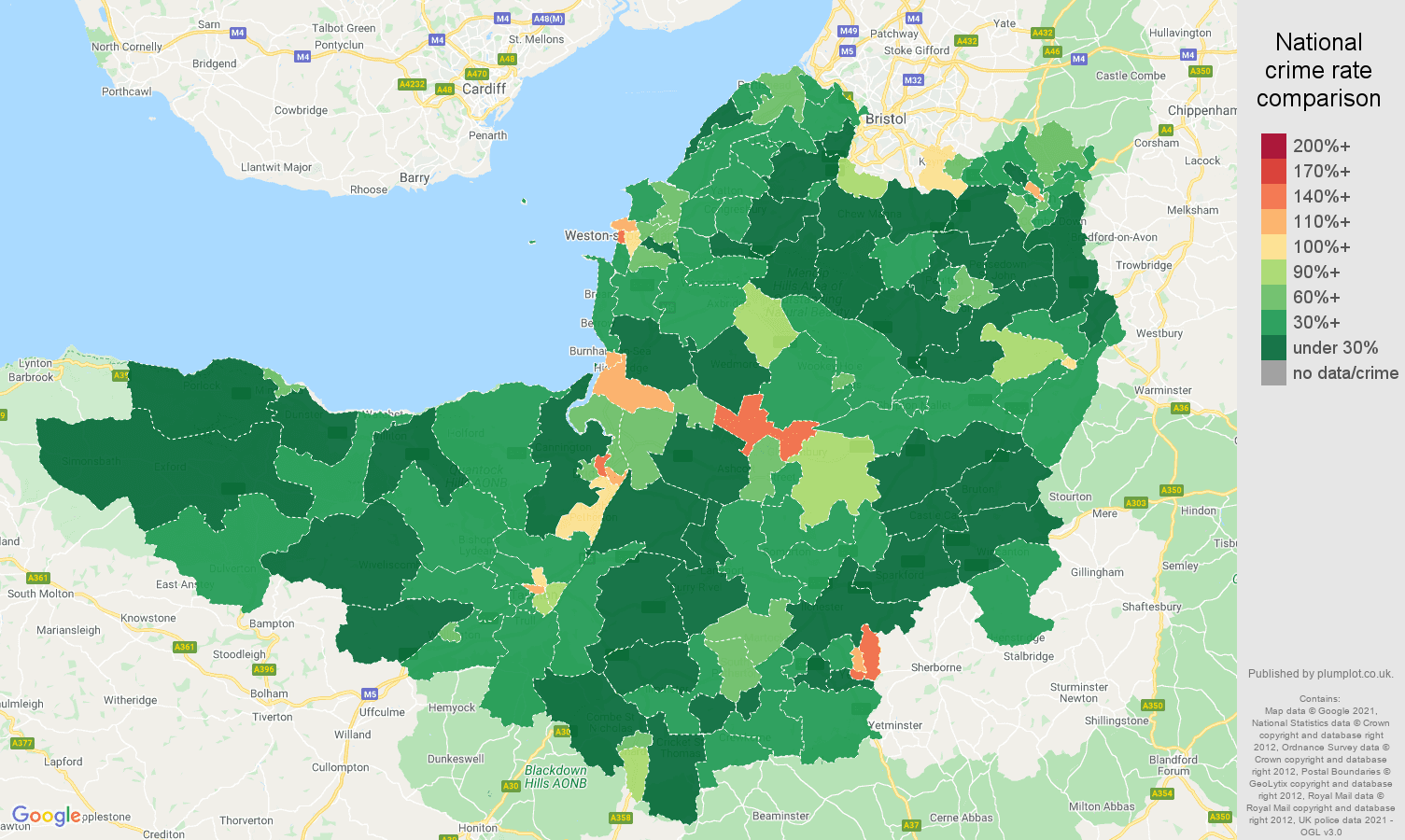 Somerset antisocial behaviour crime rate comparison map