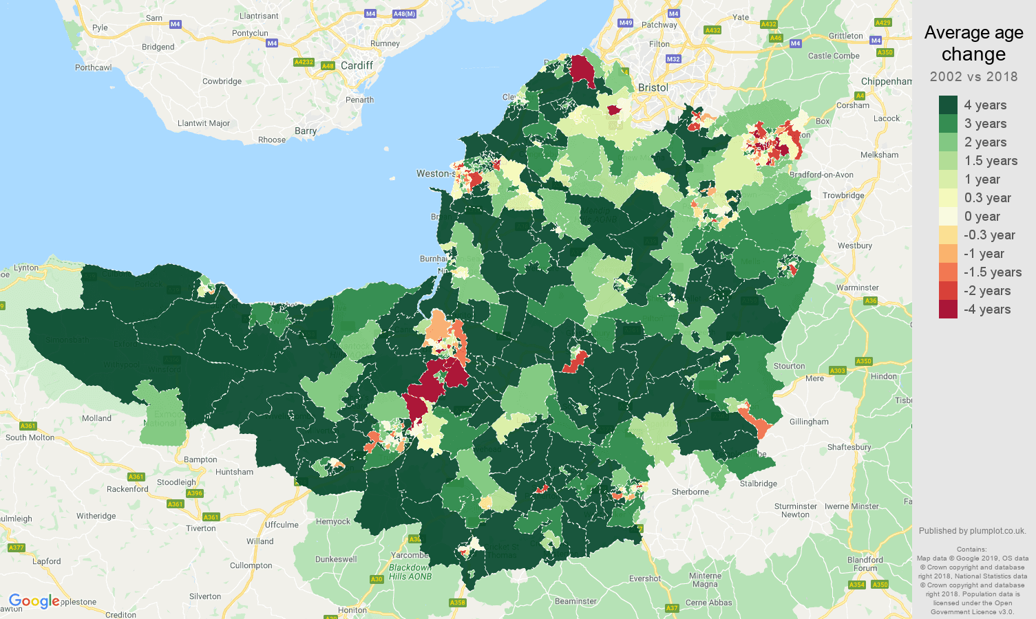 Somerset average age change map