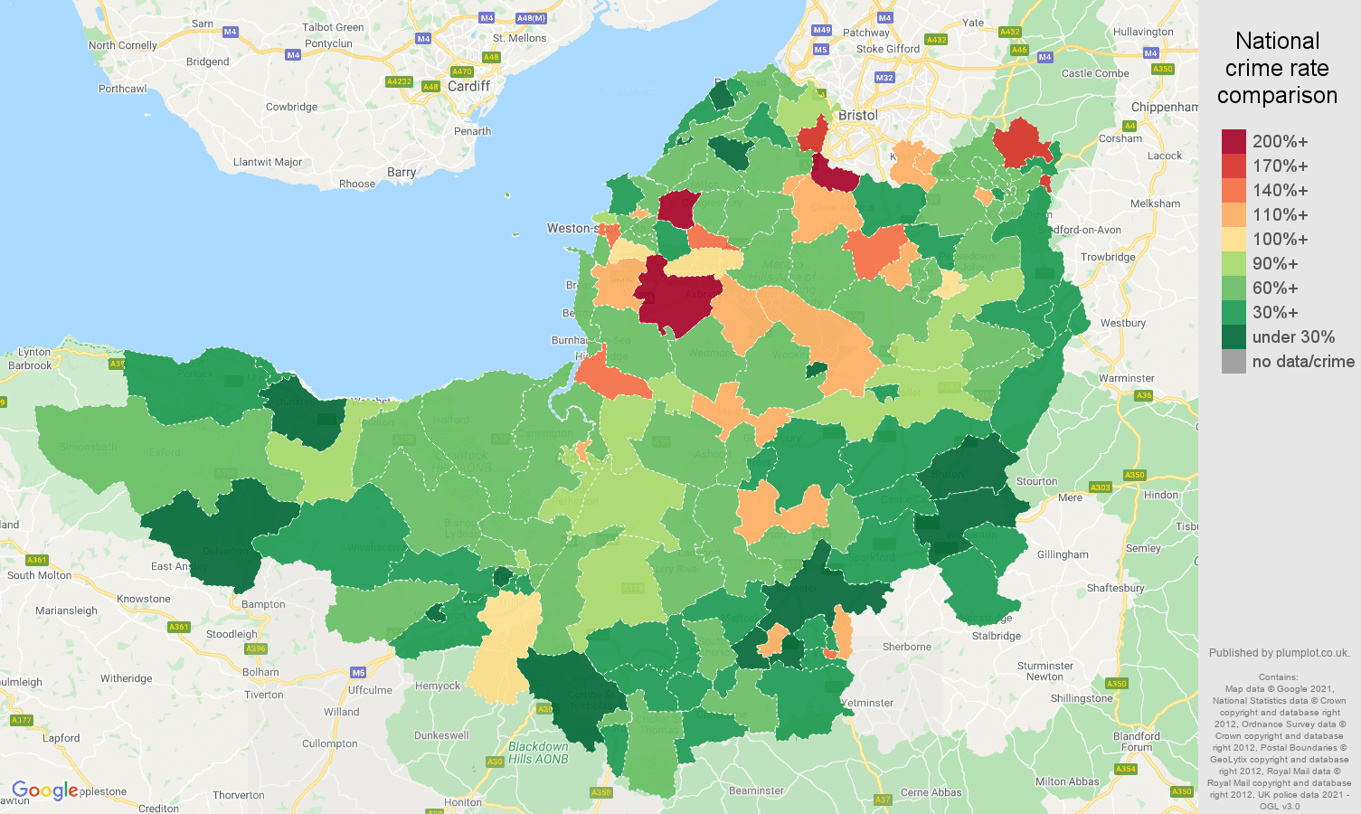 Somerset burglary crime rate comparison map
