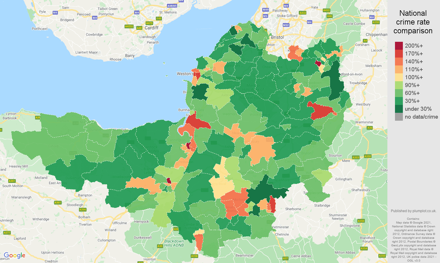 Somerset criminal damage and arson crime rate comparison map