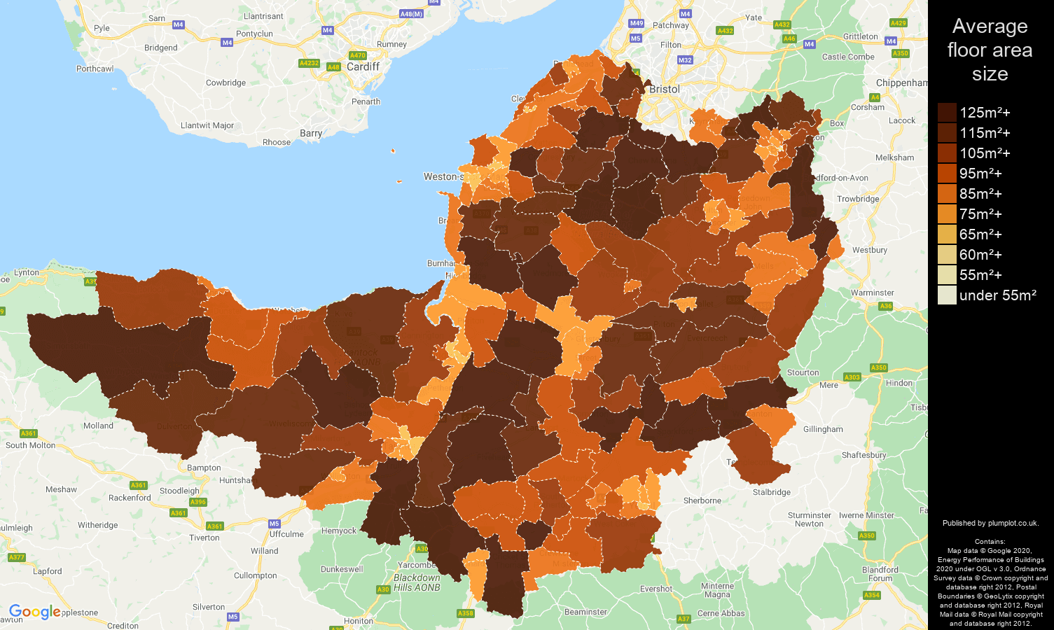Somerset map of average floor area size of properties