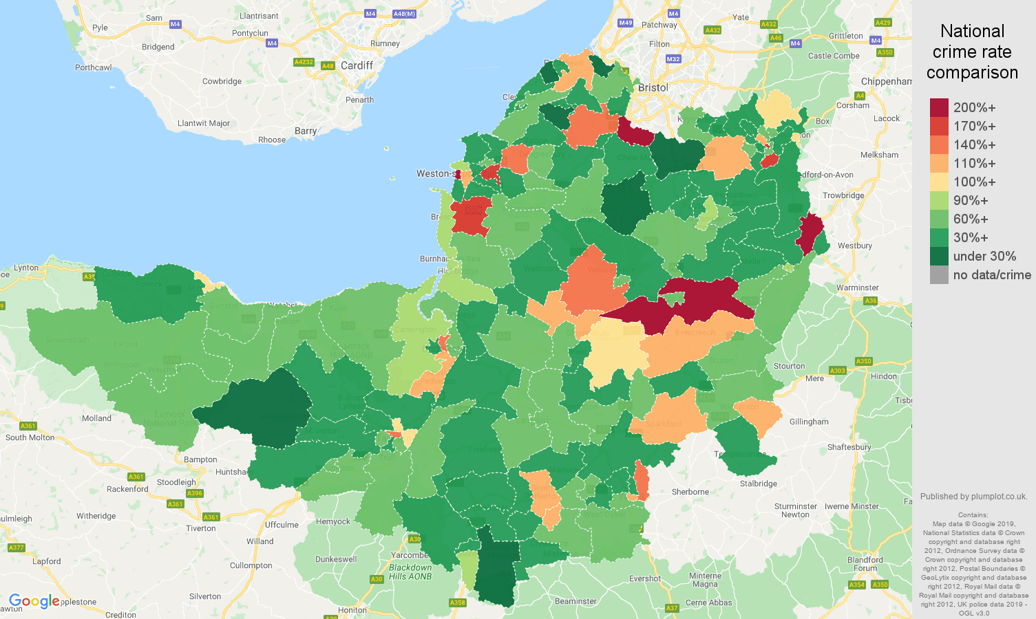 Somerset other theft crime rate comparison map