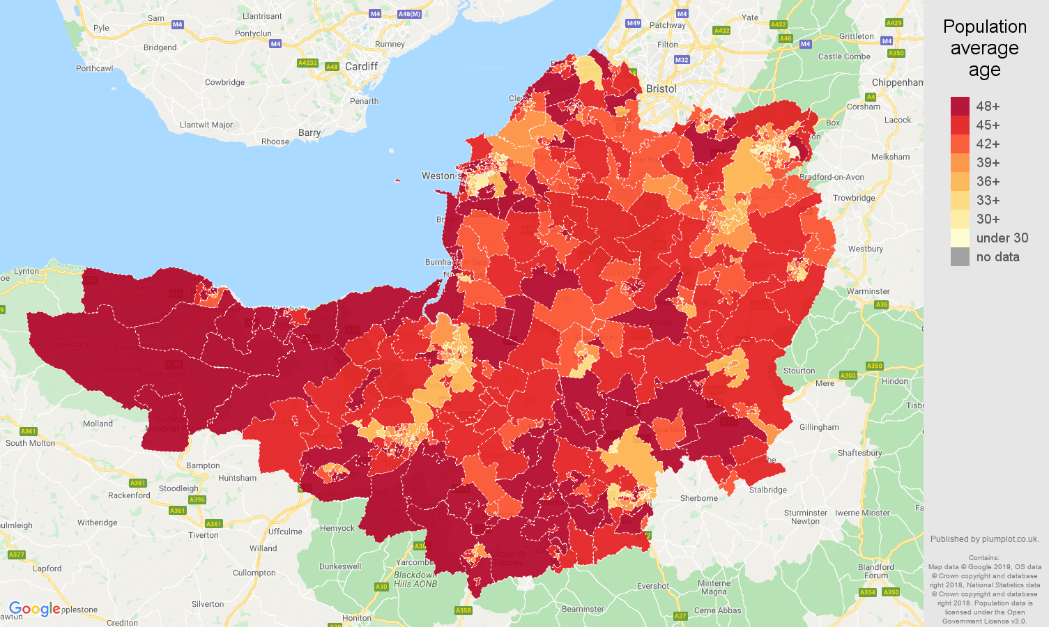 Somerset population average age map