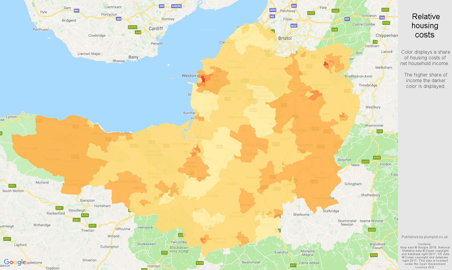 Somerset relative housing costs map