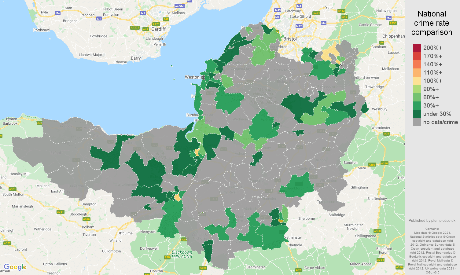 Somerset theft from the person crime rate comparison map