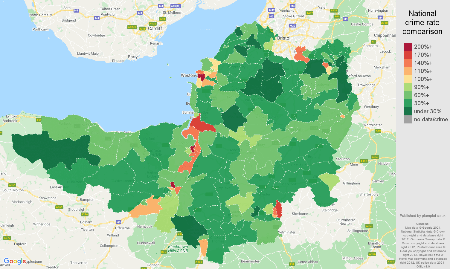 Somerset violent crime rate comparison map
