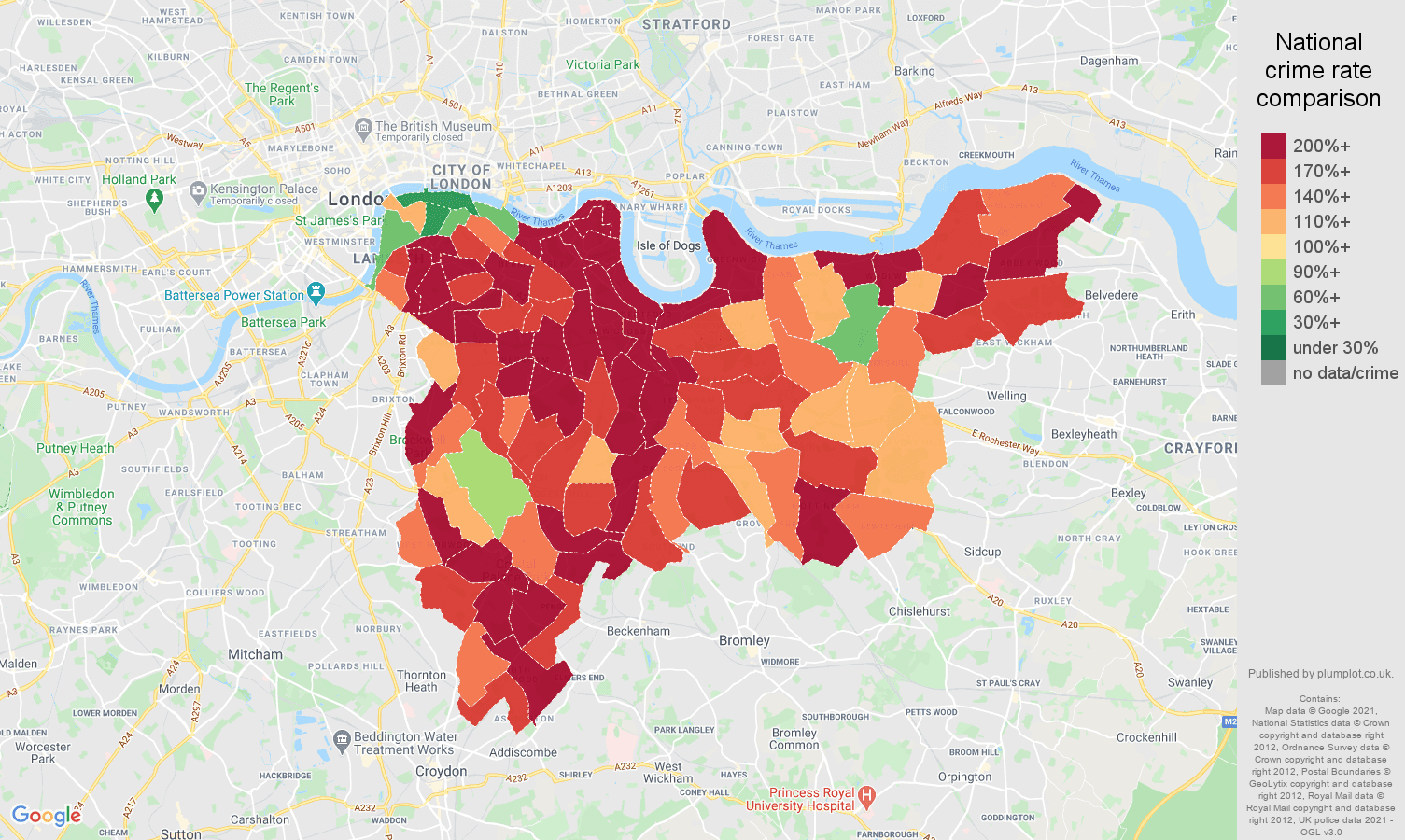 South East London antisocial behaviour crime rate comparison map