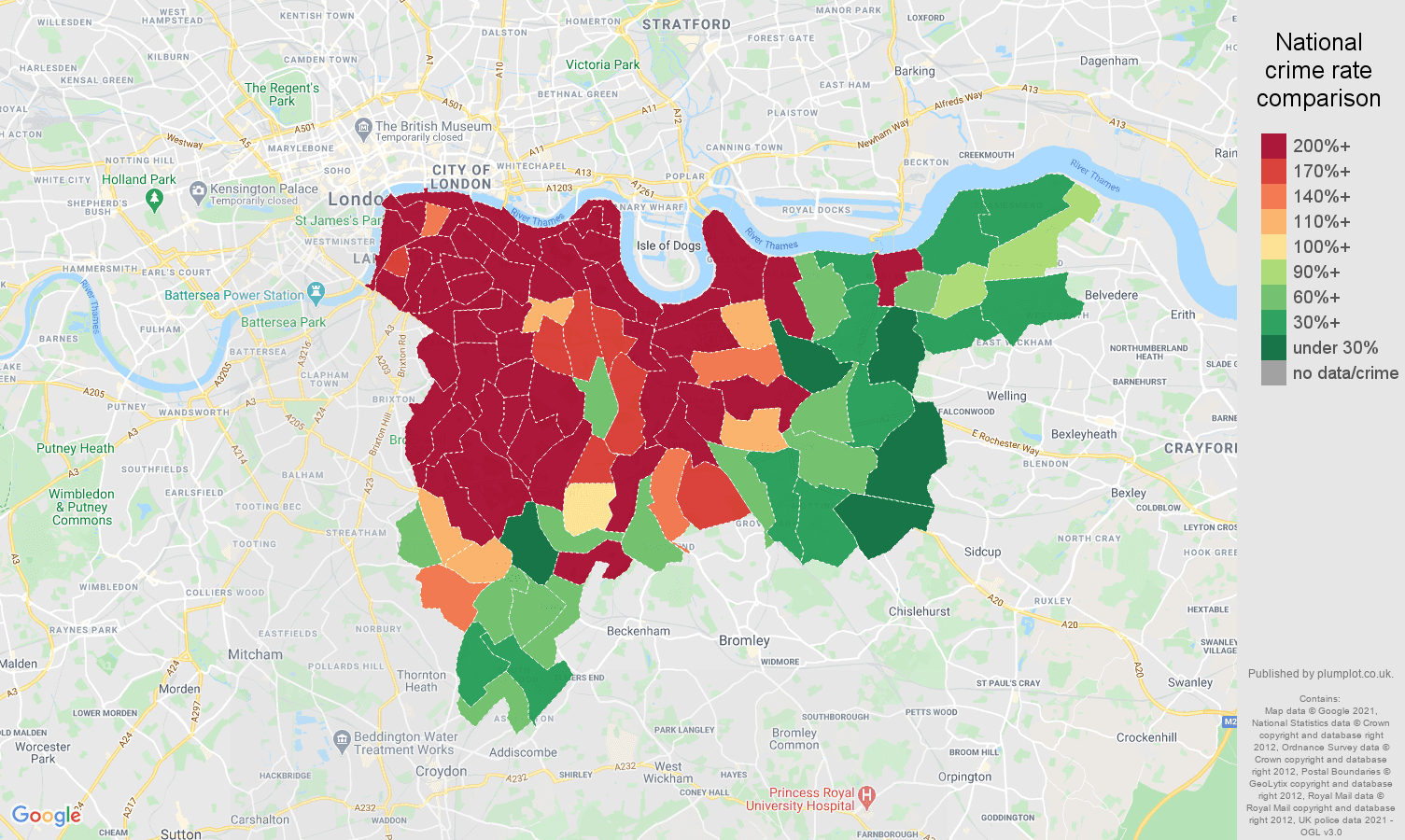 South East London bicycle theft crime rate comparison map