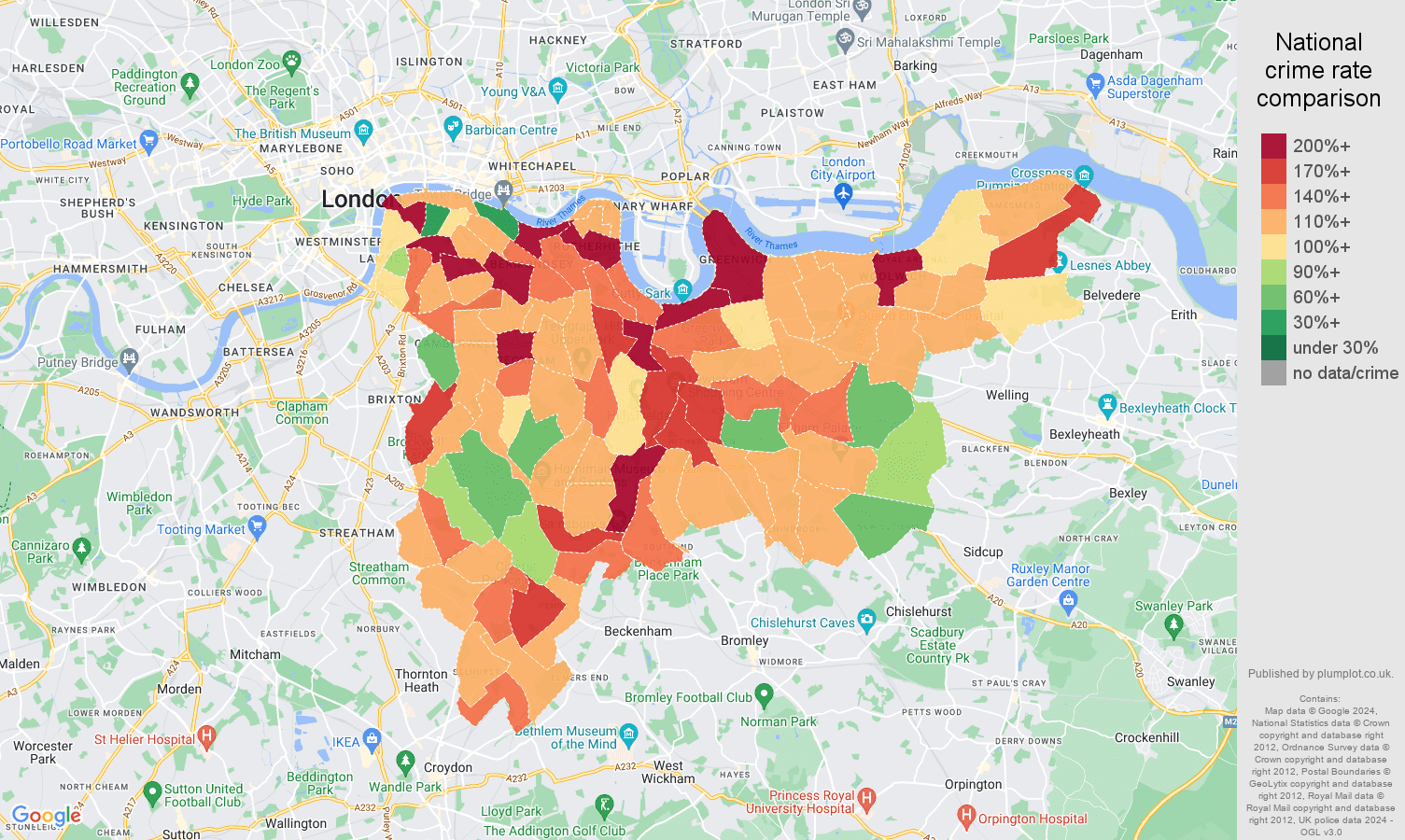 South East London crime rate comparison map