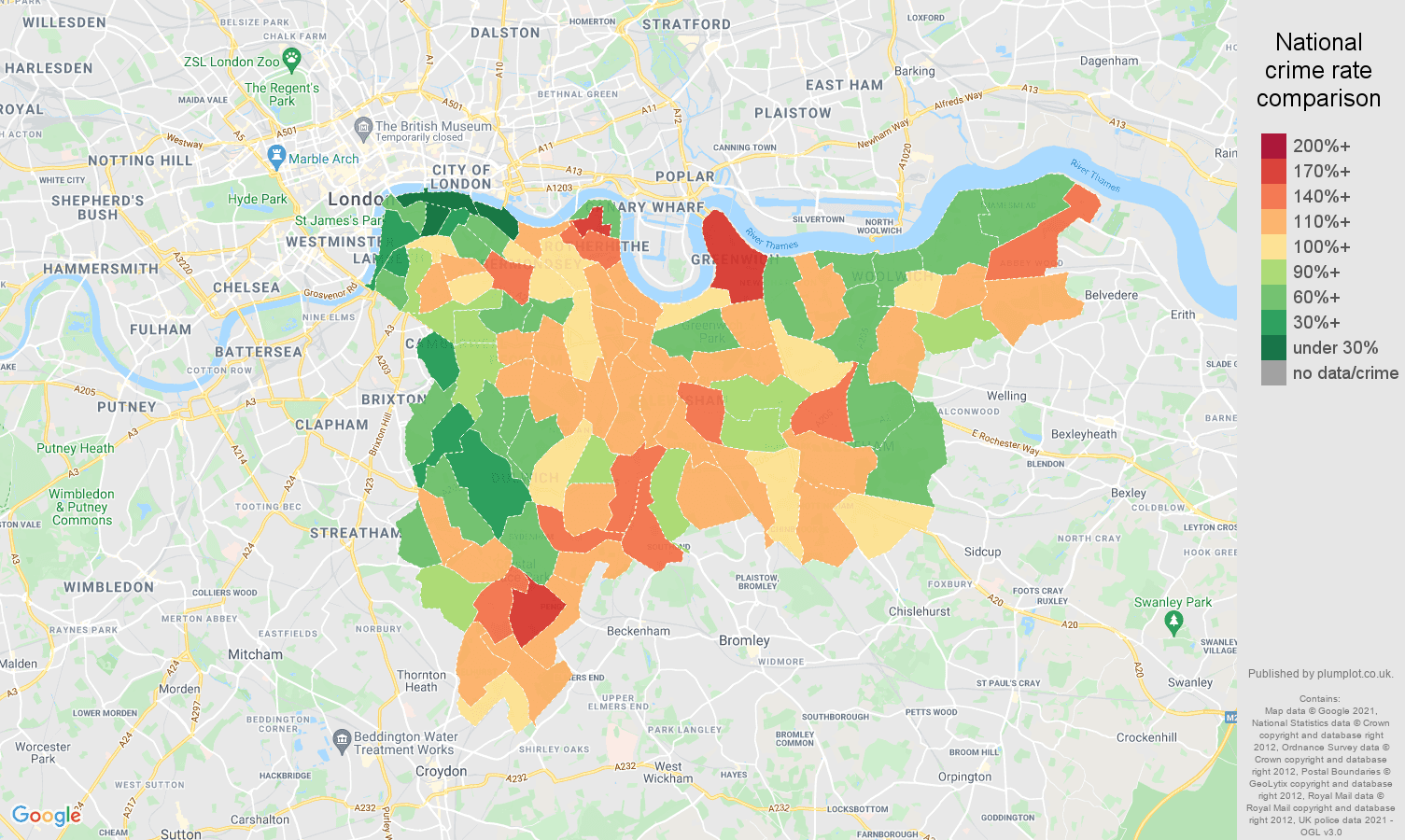 South East London criminal damage and arson crime rate comparison map