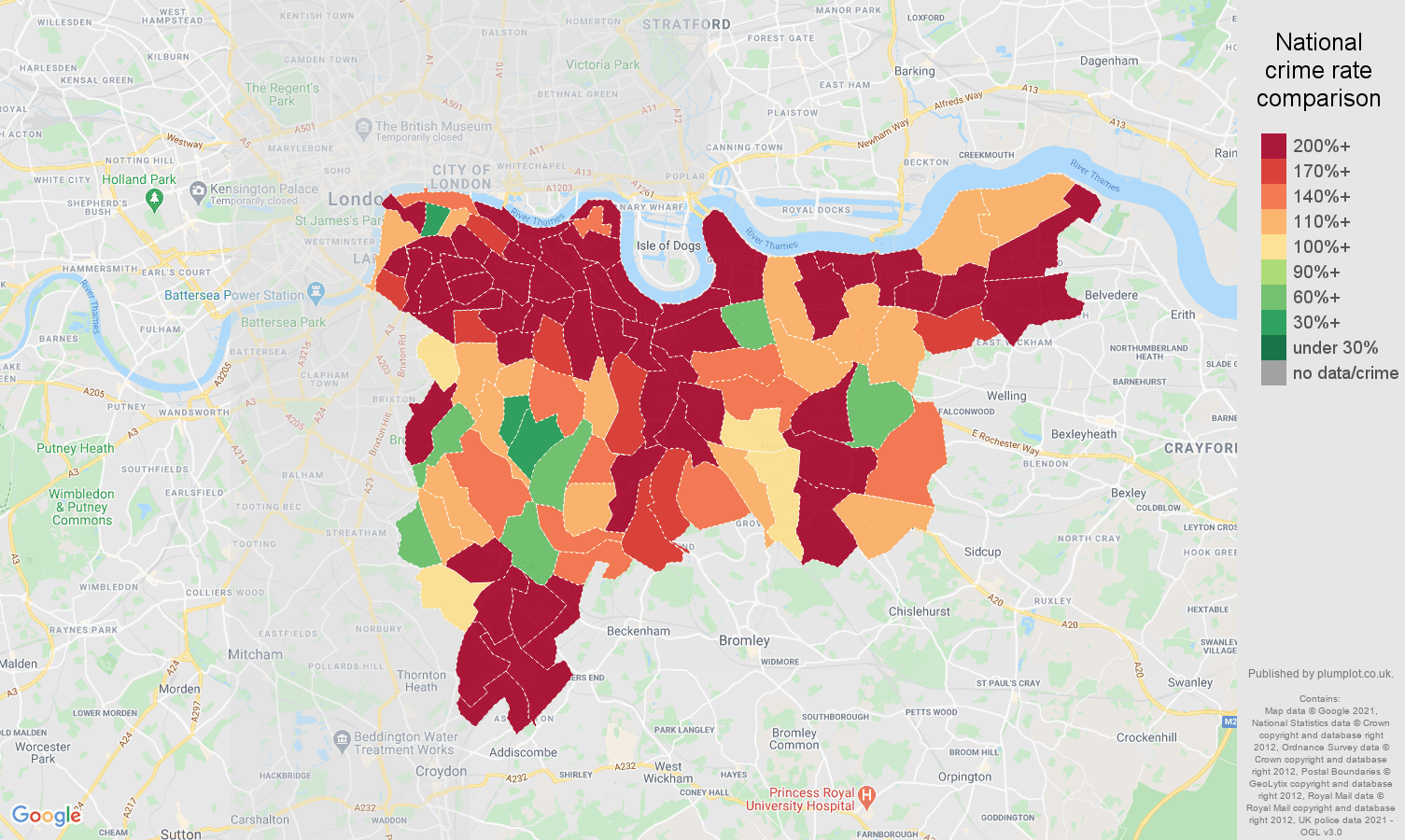 South East London drugs crime rate comparison map