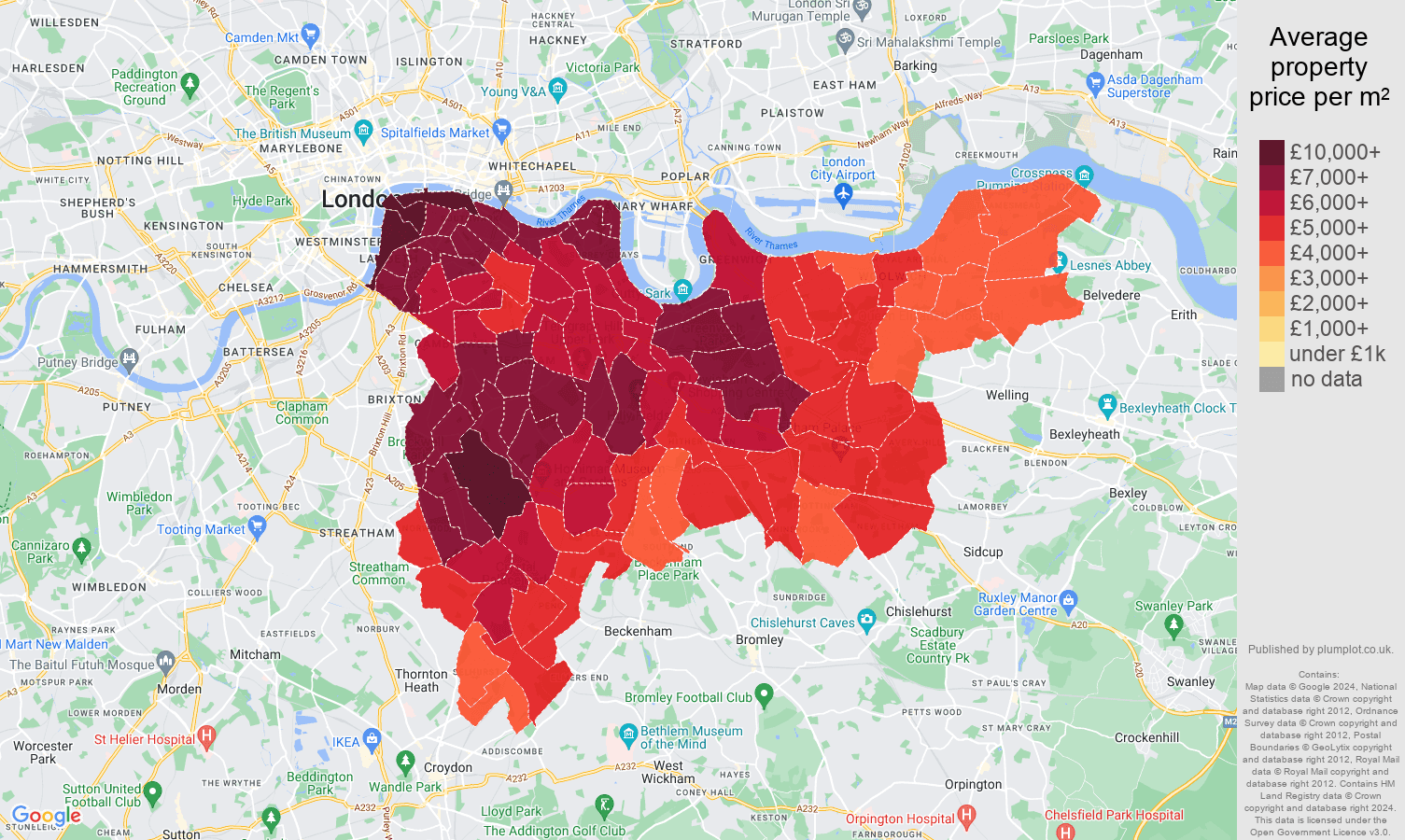 South East London house prices per square metre map