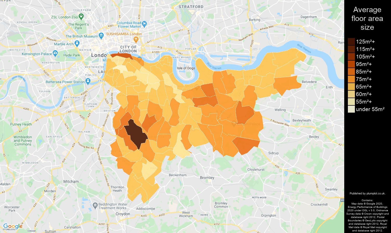 South East London map of average floor area size of properties