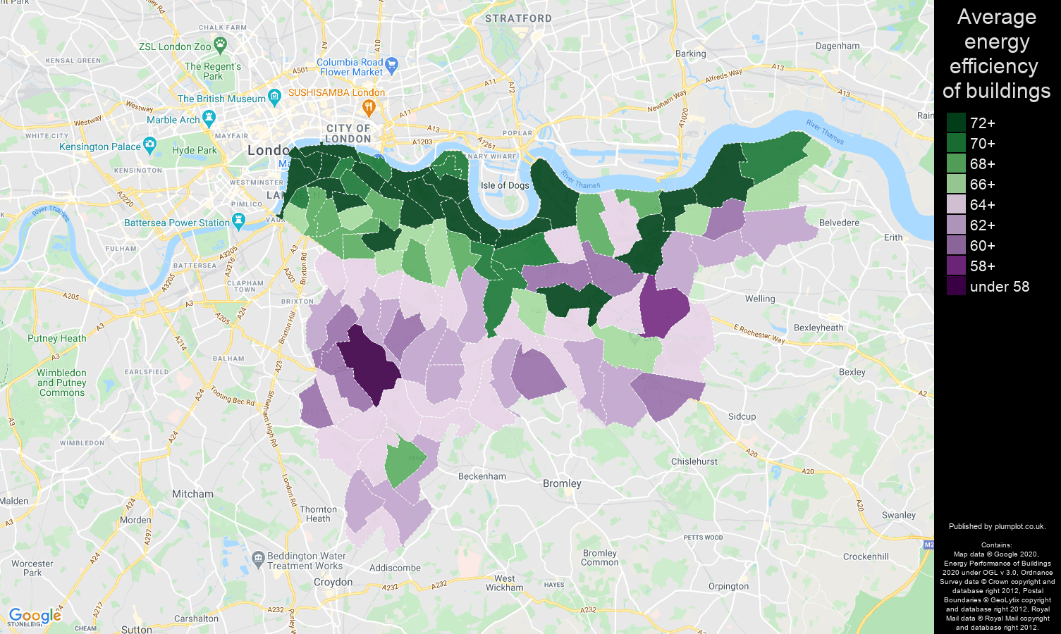 South East London map of energy efficiency of properties