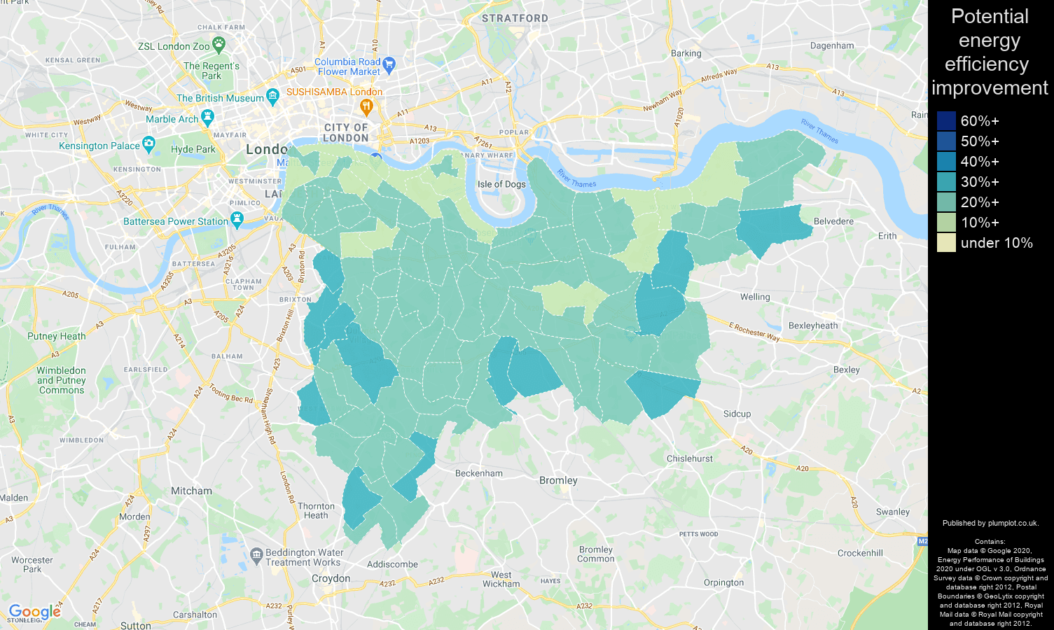 South East London map of potential energy efficiency improvement of houses