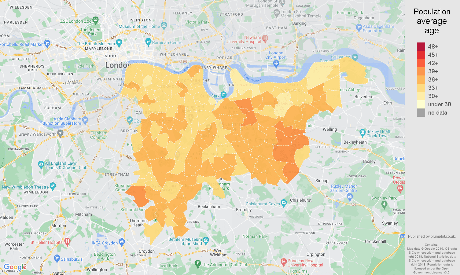 South East London population average age map