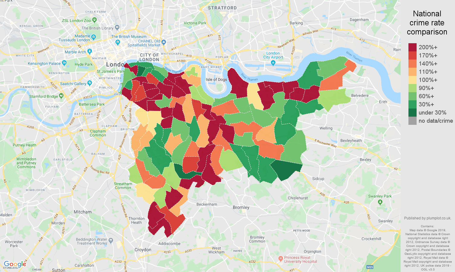 South East London possession of weapons crime rate comparison map