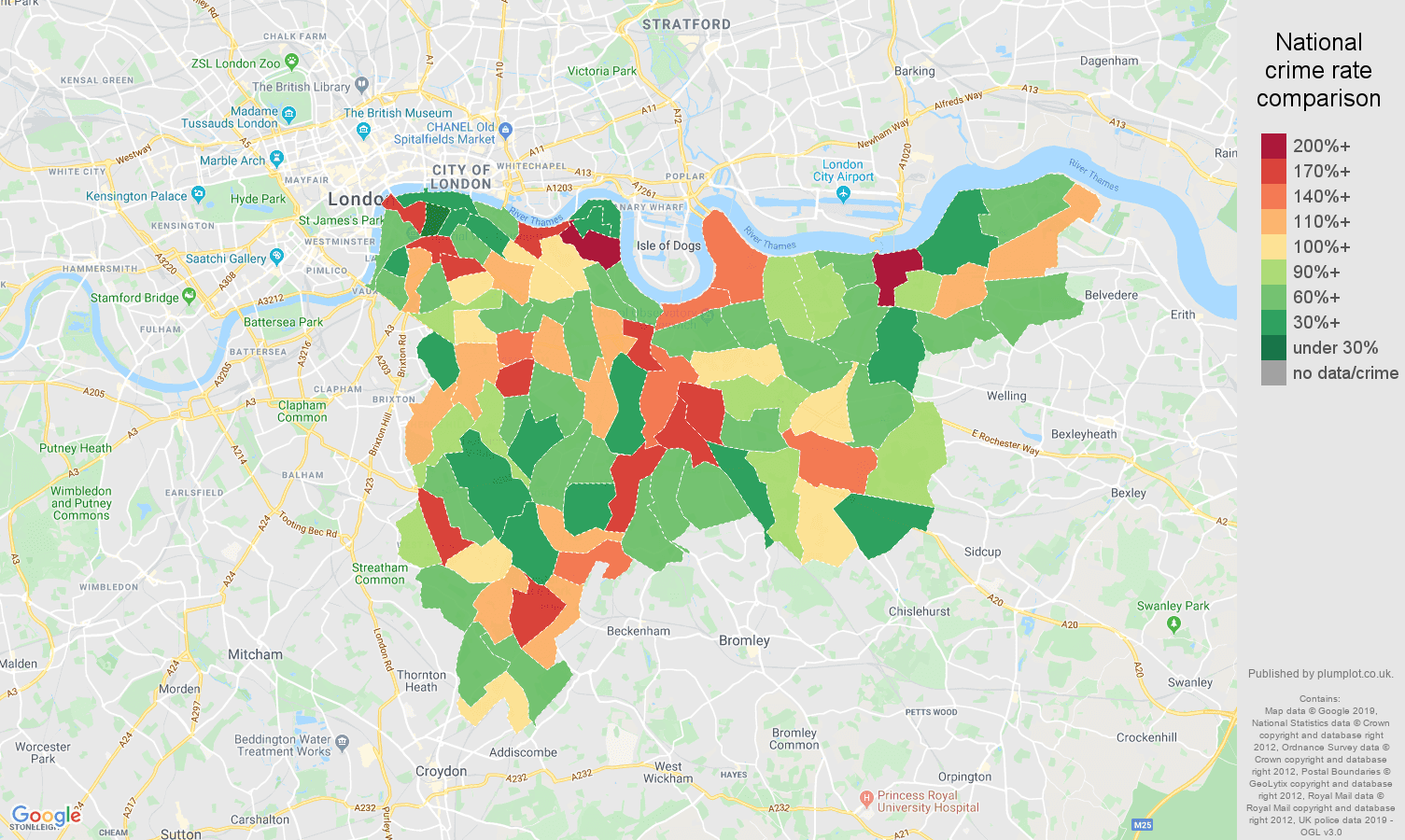 South East London public order crime rate comparison map