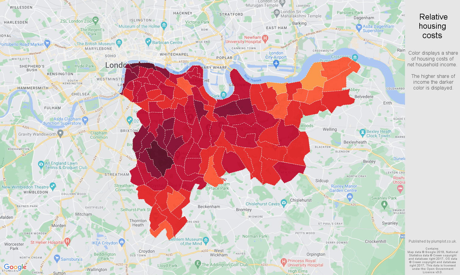 South East London relative housing costs map