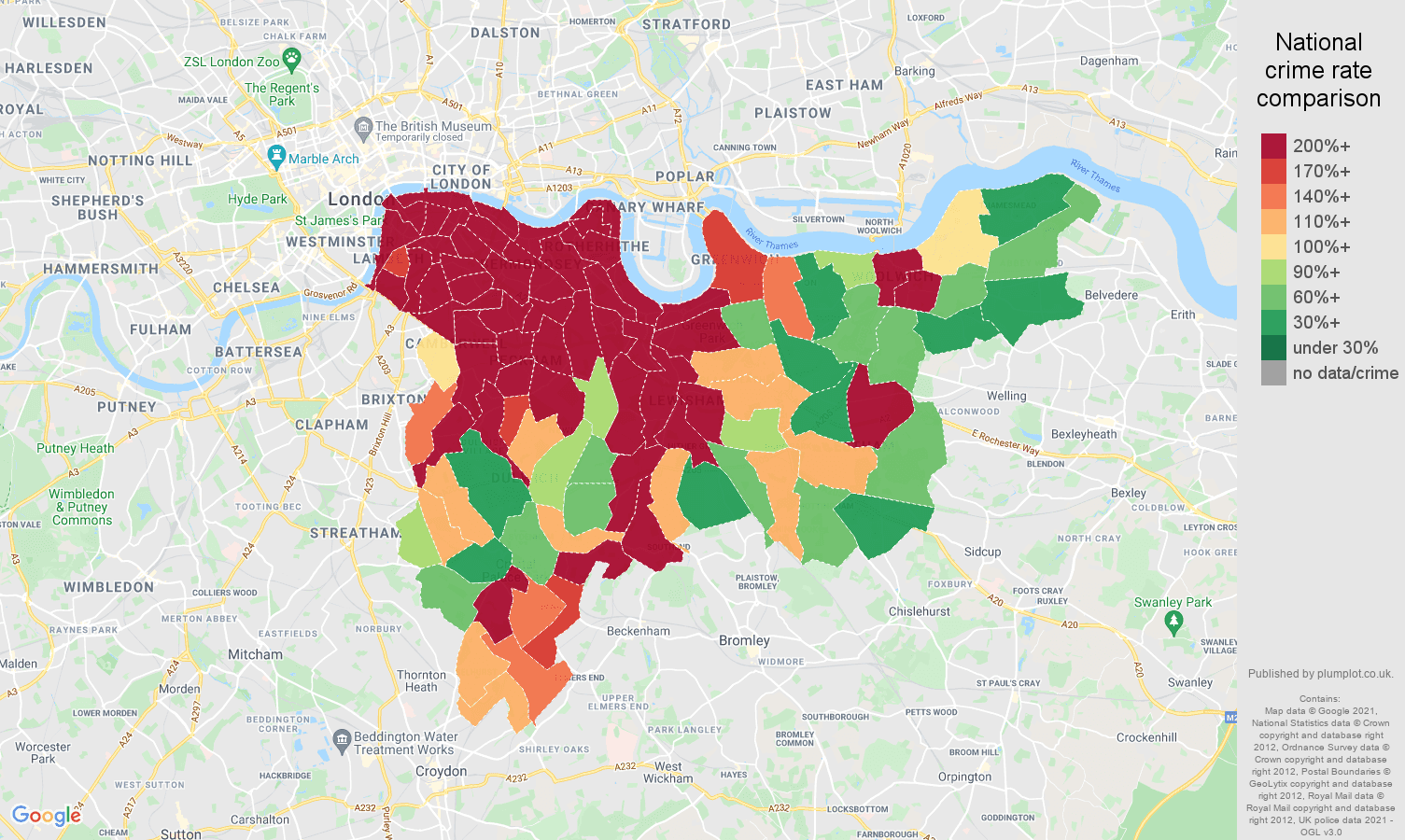 South East London theft from the person crime rate comparison map