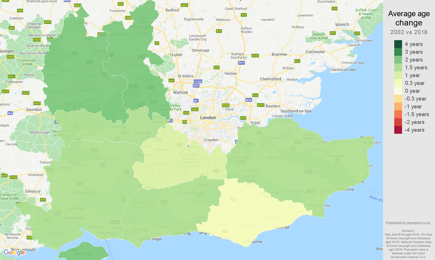 South East average age change map
