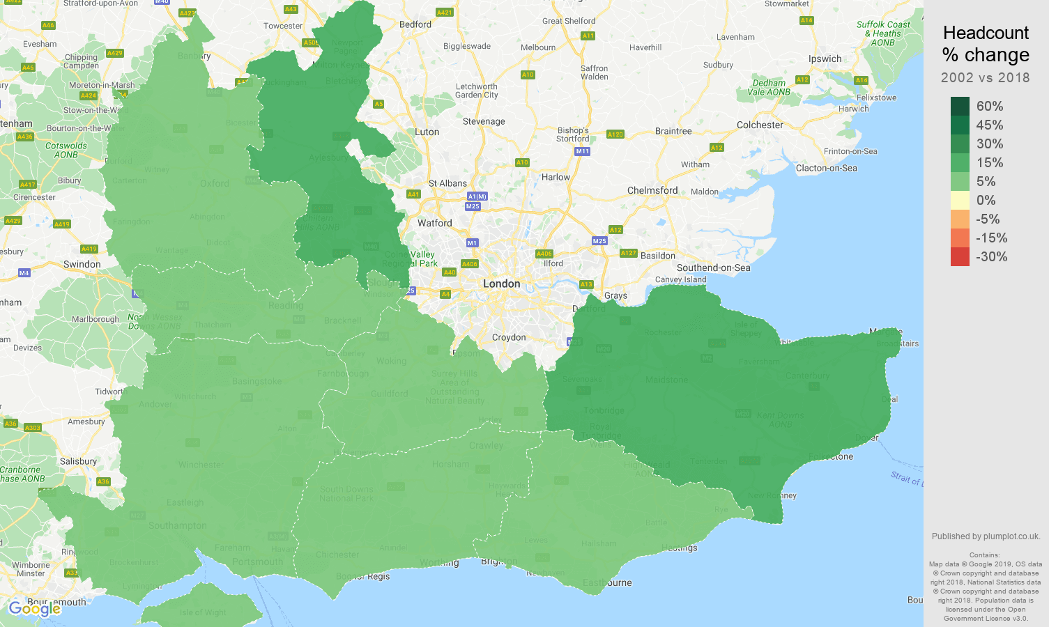South East headcount change map