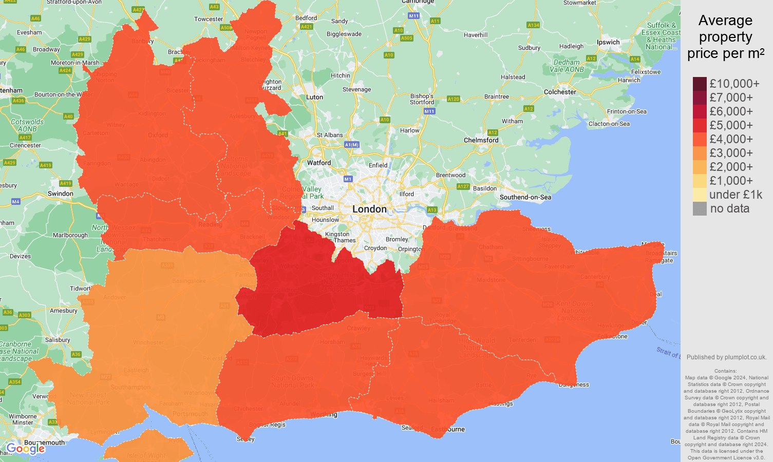 South East house prices per square metre map