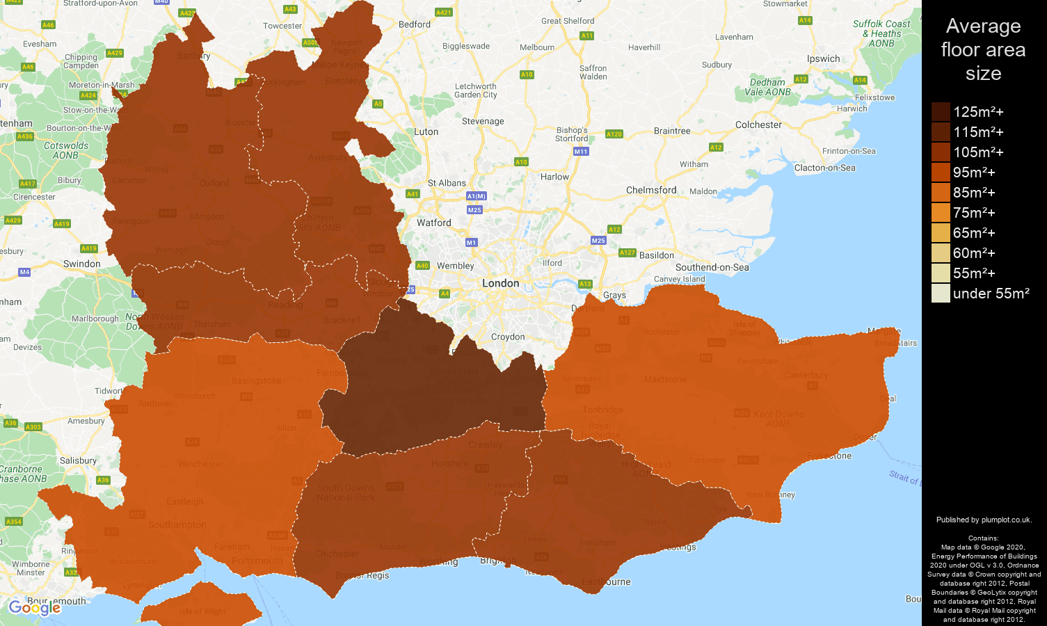 South East map of average floor area size of houses