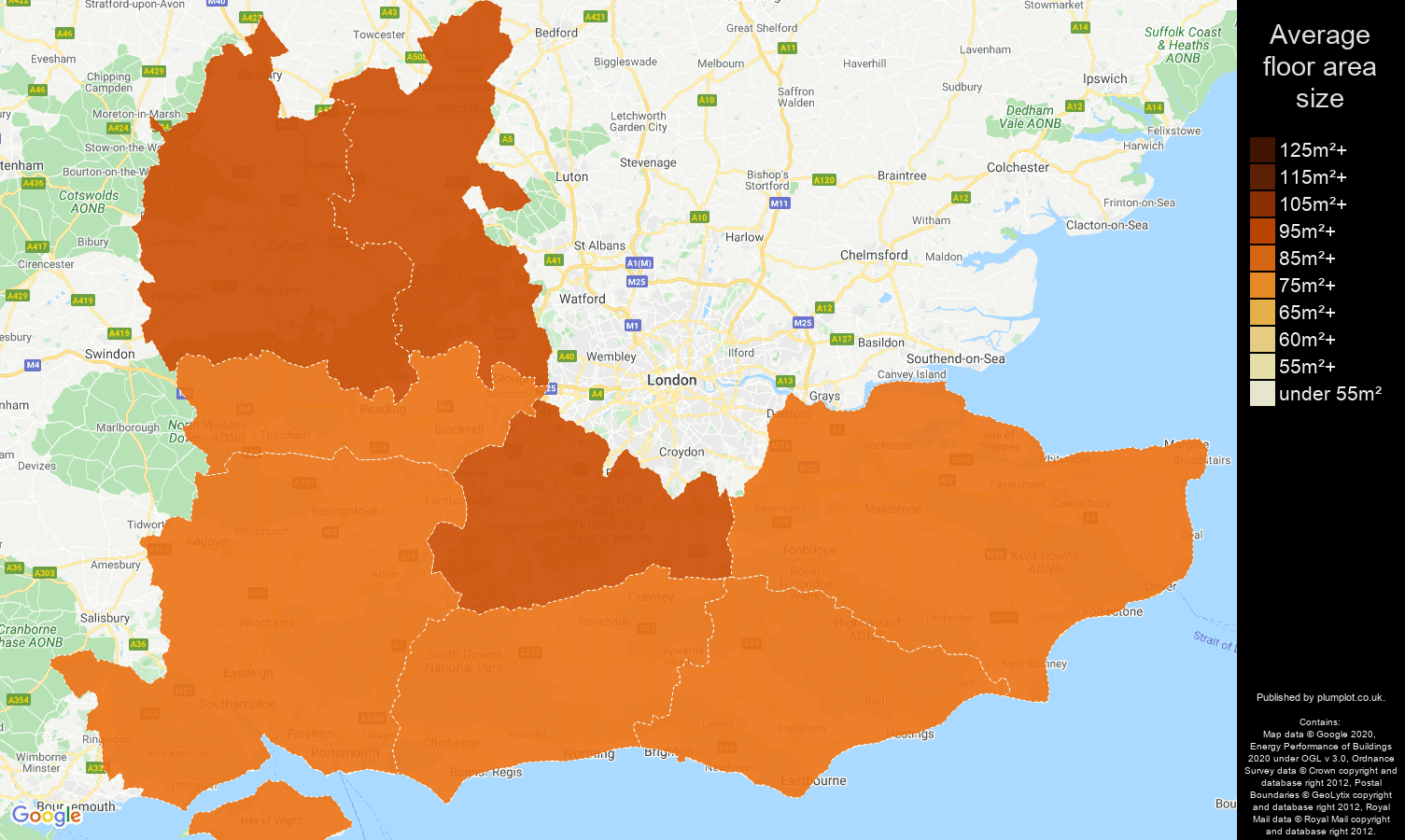 South East map of average floor area size of properties