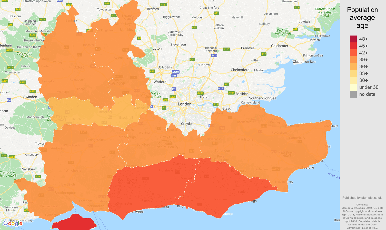 South East population average age map