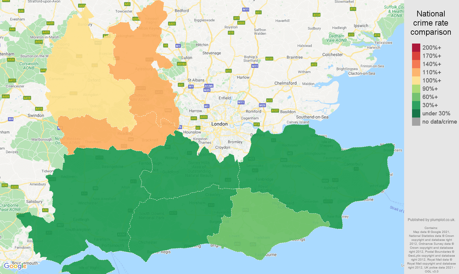 South East theft from the person crime rate comparison map