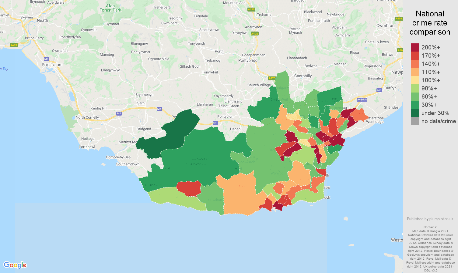 South Glamorgan antisocial behaviour crime rate comparison map