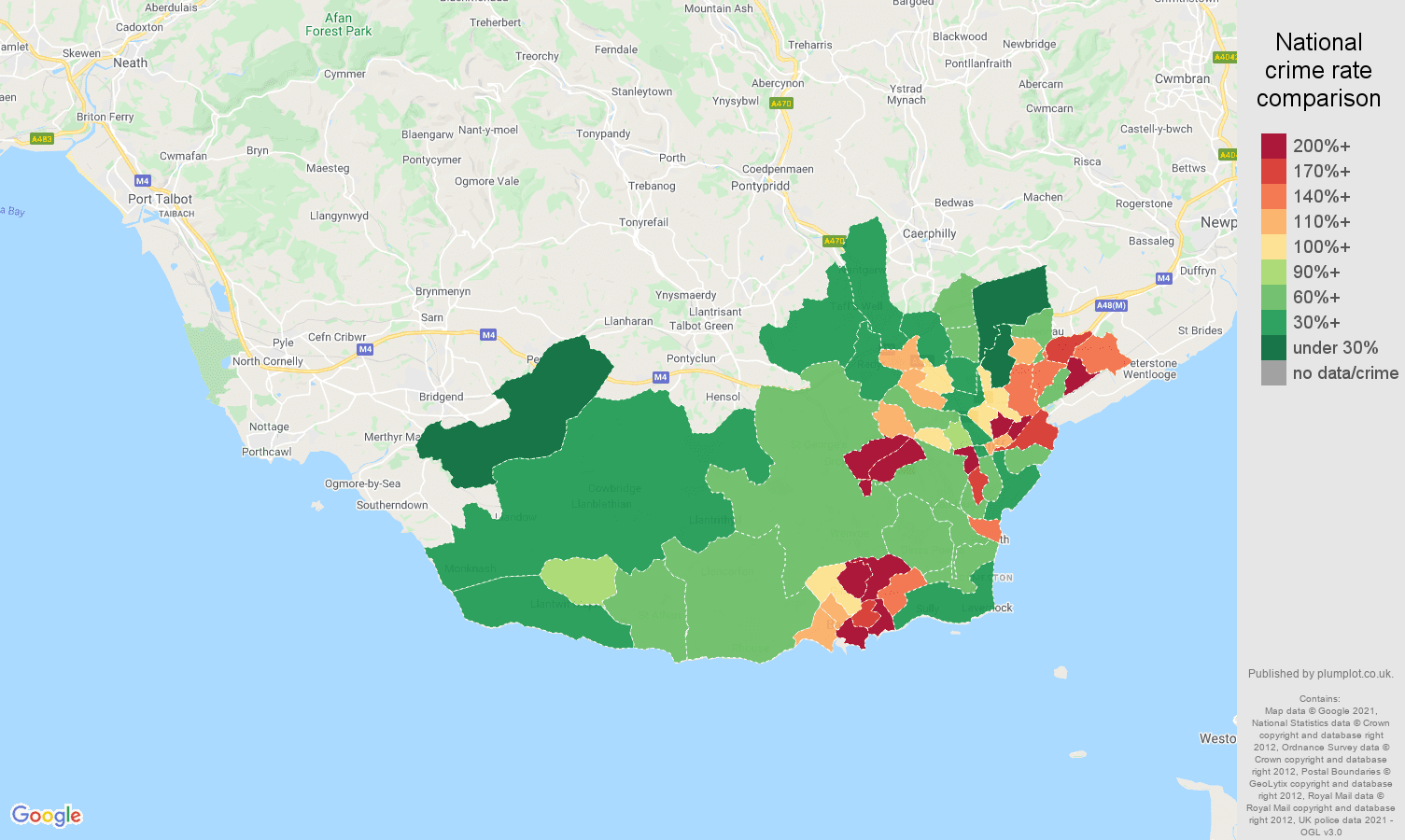 South Glamorgan criminal damage and arson crime rate comparison map