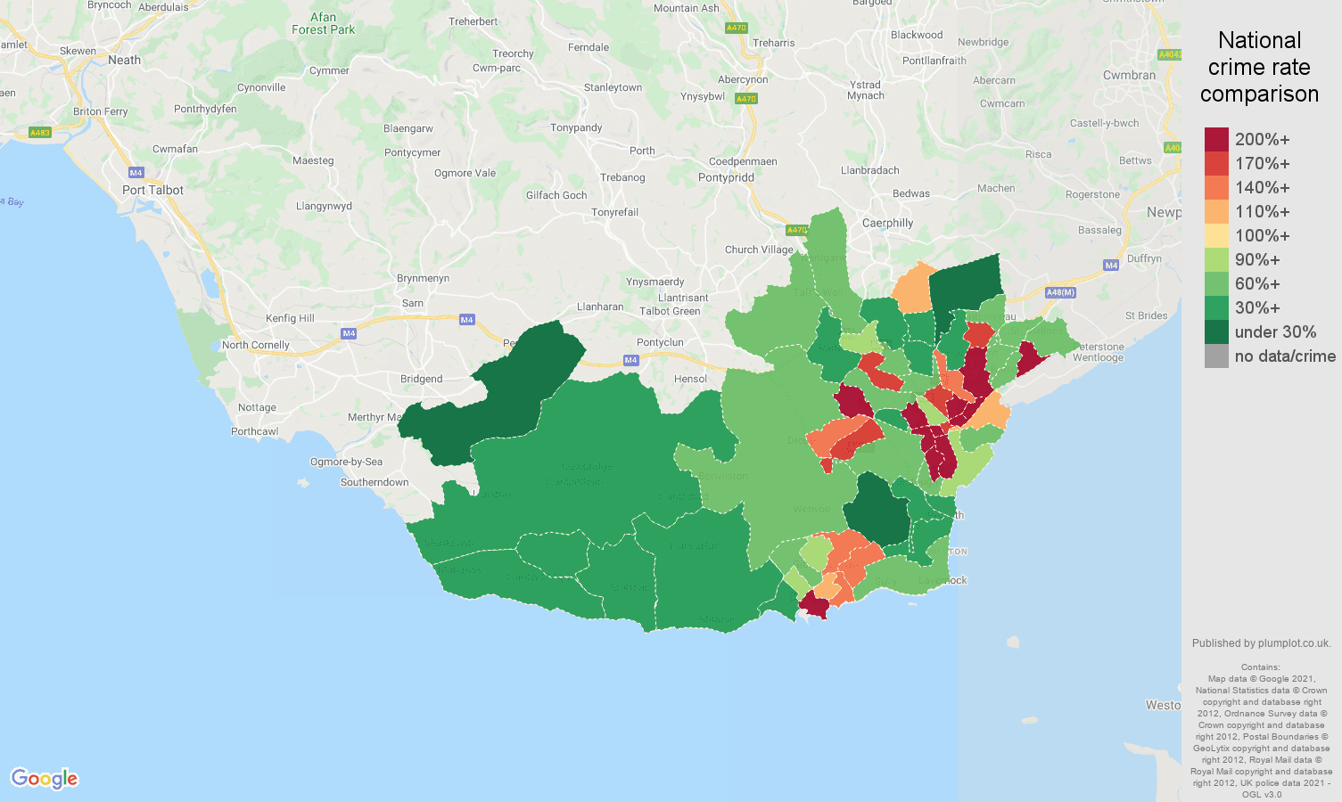 South Glamorgan drugs crime rate comparison map
