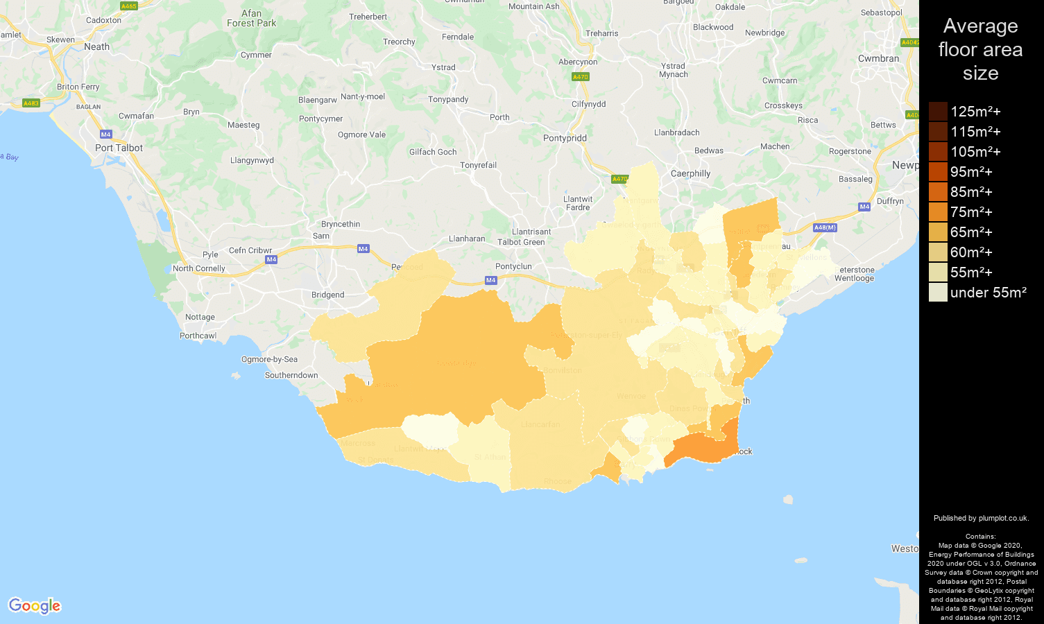 South Glamorgan map of average floor area size of flats
