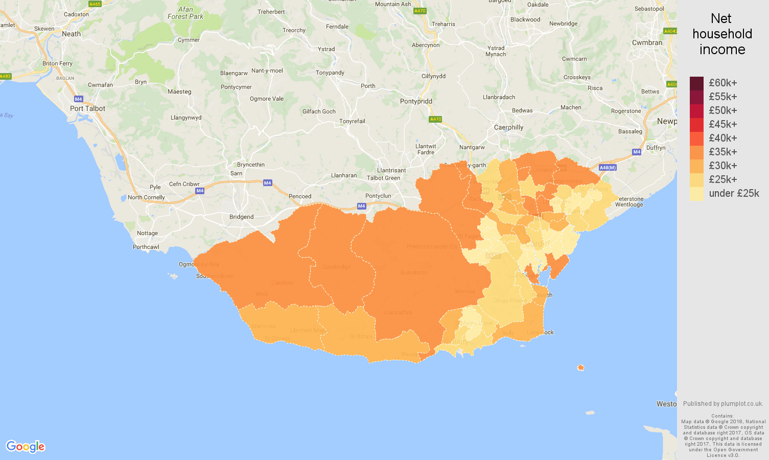 South Glamorgan net household income map